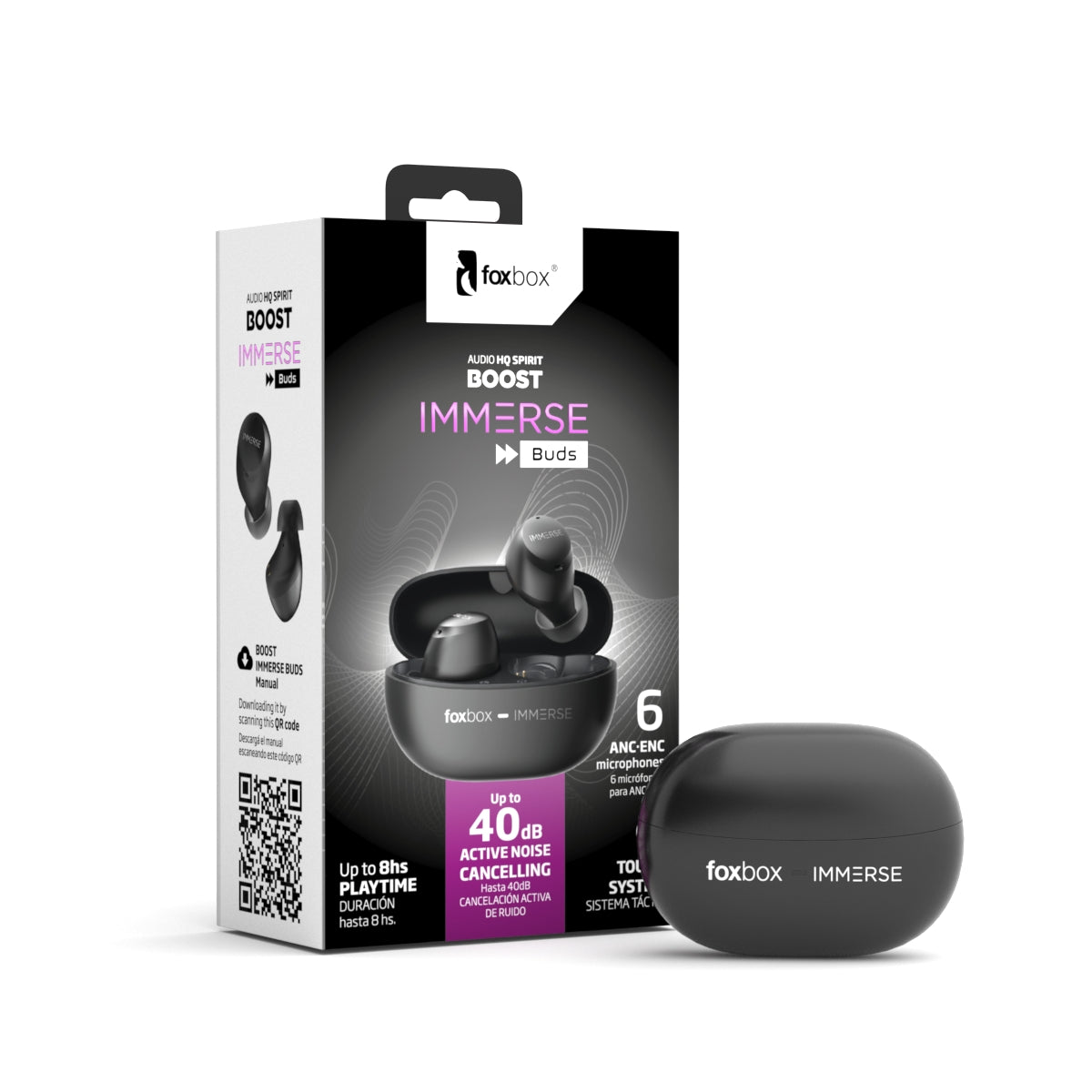 Audífonos Inalámbricos IMMERSE Buds Foxbox | Cancelación Activa de Ruido 40dB, Bluetooth 5.3 y Control Táctil