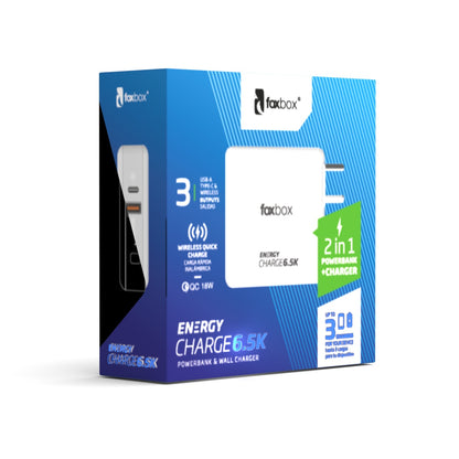 Power Bank 6500mAh Foxbox CHARGE 6.5K | Carga Rápida, Inalámbrica, 2 Puertos QC3.0 y Cargador de Pared 3 en 1