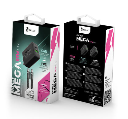 Cargador de Pared Foxbox MEGA 65W | GaN, Carga Rápida QC3.0/PPS, USB-C y USB (Con Cable)